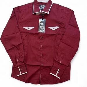 Log Men’s DOLLE BURGUNDY BROWN LONG SLEEVE SHIRT WITH WHITE COLLAR AND CUFFS siz